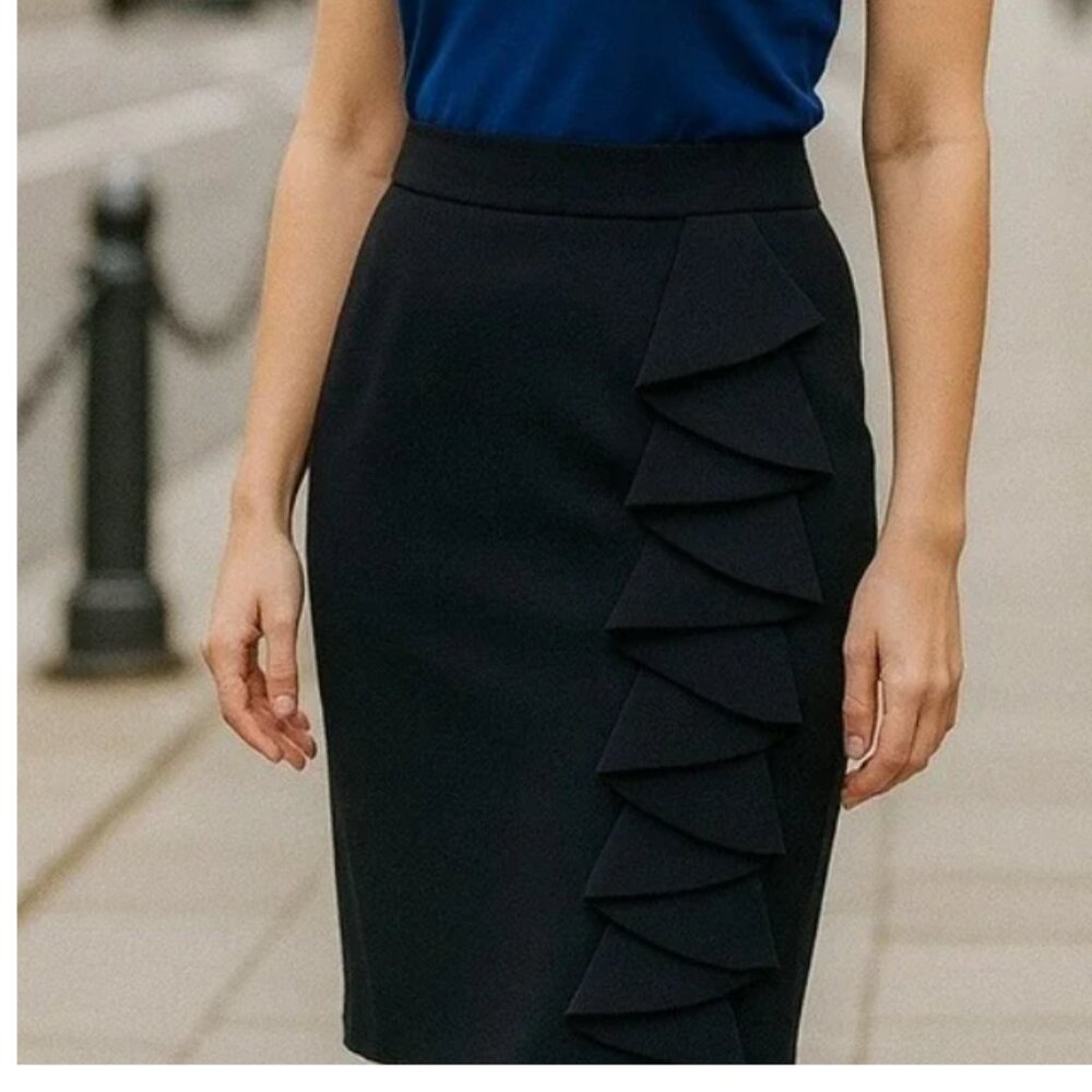 Express Design Studio Luxury Stretch Black Pencil Skirt Ruffle Detail Size 8